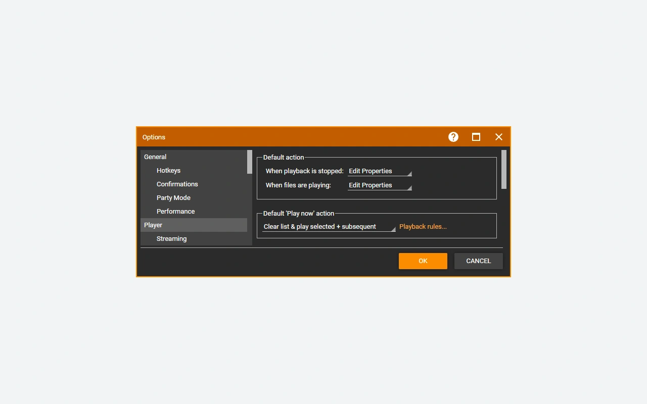 Default playback action settings in MediaMonkey