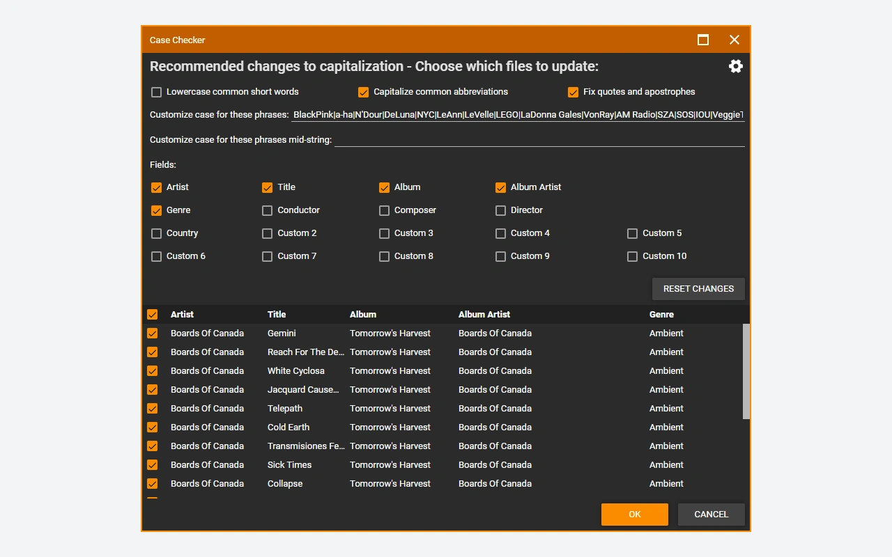 Capitalization check for the selected music titles
