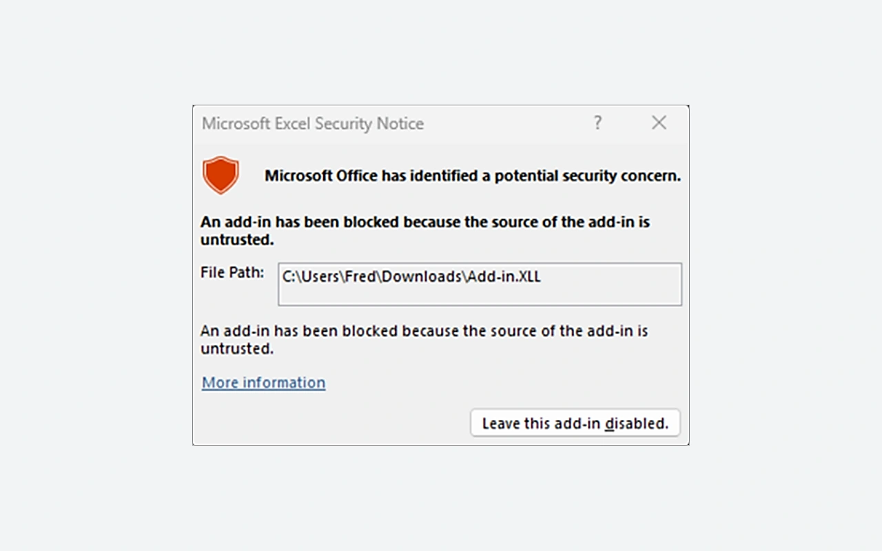 Excel warning about a blocked downloaded XLL add-in