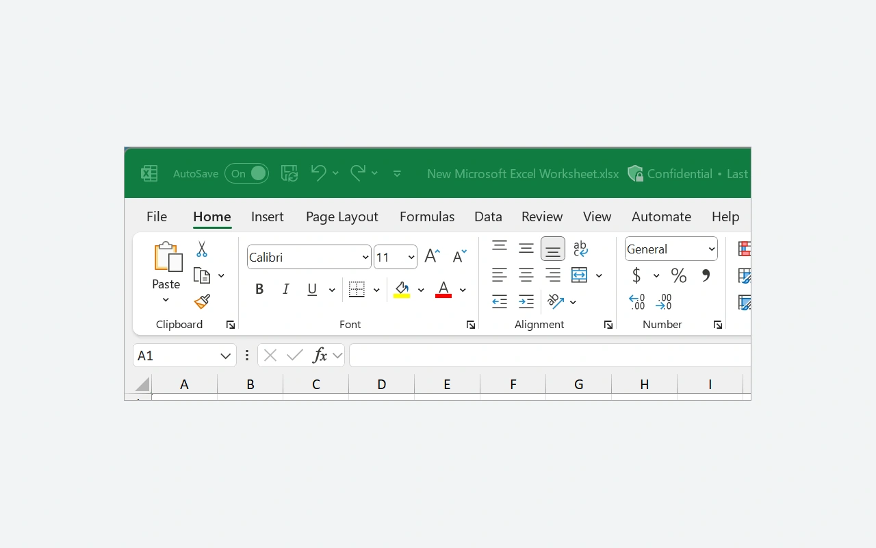 New Excel workbook showing the Home ribbon