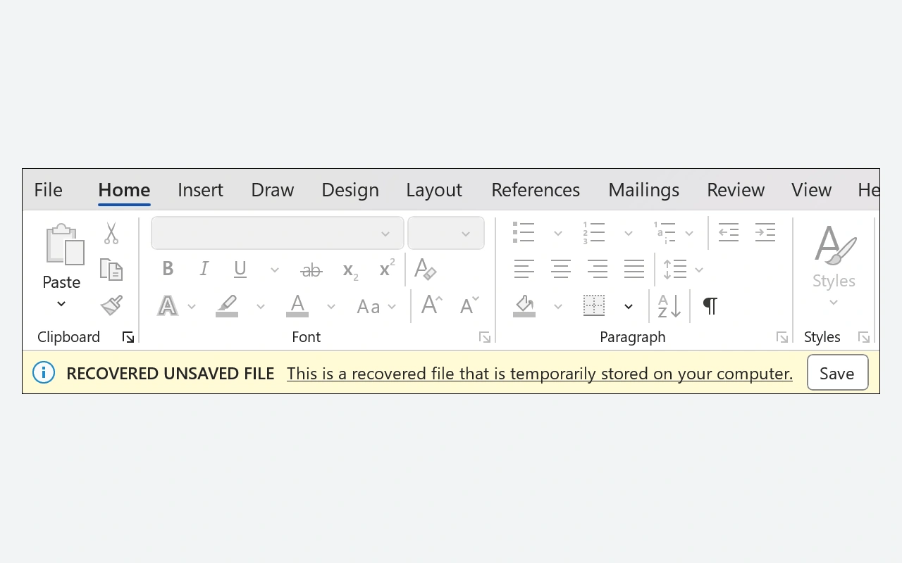 Recovered Word document with the Save button